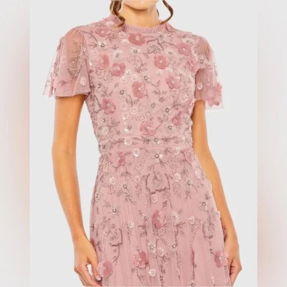 Mac Duggal 9212 Size 18 Pink Floral Embellished High Neck Cap Sleeve ALine Dress - Picture 4 of 13